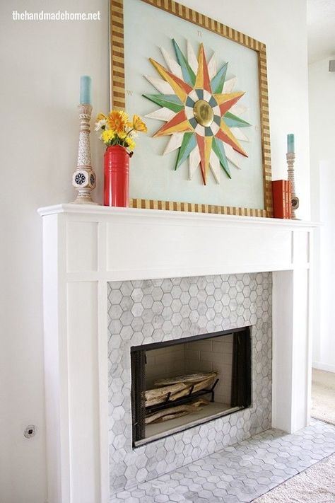 Removing the fireplace step and tiling into the ground (safer for the kids) Brass Fireplace Makeover, Mantel Makeover, Stone Fireplace Makeover, Diy Fireplace Makeover, Fireplace Seating, Oak Fireplace, Fireplace Update, Fireplace Tile Surround, Brick Fireplace Makeover