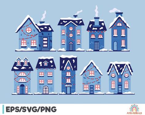 Christmas Houses Village, Village Illustration, Houses Clipart, Winter Town, House Clipart, Xmas Elf, Christmas Houses, House Sketch, Winter Illustration