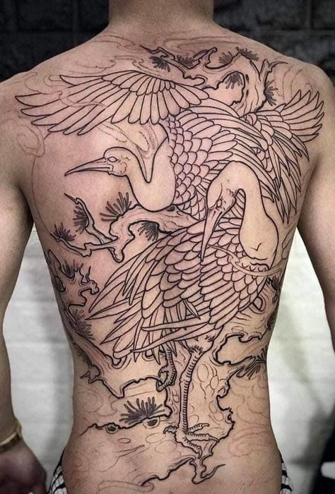 Full Back Bird Tattoo, Crane Back Tattoo Women, Crane Tattoo Back, Japanese Tattoo Crane, Japanese Traditional Back Tattoo, Japanese Full Back Tattoo, Crane Back Tattoo, Japanese Backpiece, Japanese Back Piece