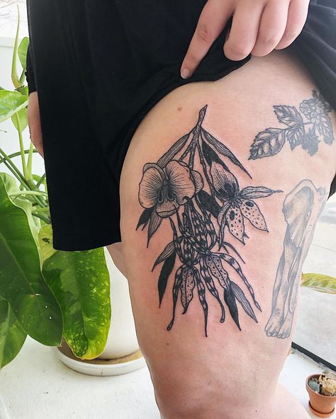 Orchid Chest Tattoo, Traditional Orchid Tattoo, Tattoo Orchid, Portland Tattoo, Orchid Tattoo, Botanical Tattoo, Line Work Tattoo, Hip Tattoo, Nature Tattoos