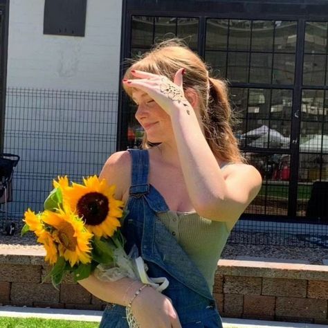 Holding Sunflowers Holding Sunflower, Sunflower Girl, Sunflower Bouquet, Sunflower Bouquets, Girl Standing, Farmers Market, Farmer, Sunflower, Overalls