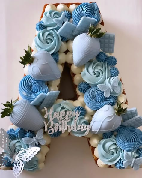 Initial Cake Ideas, Pink And Blue Number Cake, A Cake Letter, Blue And Gold Number Cake, Cookie Cake Letter, Cupcake Letter Cake, Letter Cakes Ideas Initials, Blue Birthday Cake Ideas, Letter Cakes Ideas