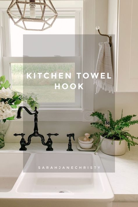 Vintage Kitchen Towel Hook - Sarah Jane Christy - Hand Towel Display, Hand Towel Holder Ideas, Towel Hanging Ideas, Paint Decor Ideas, Ikea Farmhouse Sink, Apartment Paint, Vintage Kitchen Towel, Ikea Farmhouse, Kitchen Towels Hanging