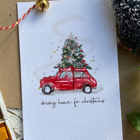 Mini Christmas Cards Diy, Christmas Pictures Drawings, Christmas Painted Cards, Christmas Car Drawing, Christmas Car Illustration, Aquarell Christmas Cards, Christmas Cards Aesthetic, Christmas Art Drawing, Beautiful Christmas Pictures