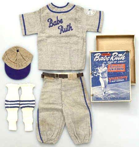 This is a vintage 1930s YankiBoy Play Clothes "Official Babe Ruth King of Swat Baseball Uniform" complete in its original box. Includes a gray and blue baseball jersey, Babe Ruth Costume, Vintage Baseball Decor, Gray Uniform, Baseball Costumes, Baby Ruth, Baseball Fashion, Baseball Decor, Play Clothes, Jersey Baseball