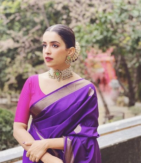 Satin Saree Blouse Designs Latest, Rani Pink Saree Contrast Blouse, Blue And Red Saree, Pattu Sarees Wedding, Celebrity Saree, Guest Ideas, Wedding Trousseau, Sanya Malhotra, Simple Saree Designs