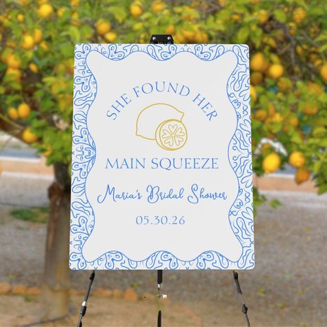 Main Squeeze Lemon Chic Bridal Shower Welcome Sign She Found Her Main Squeeze Sign, Found My Main Squeeze Bridal Party, Italy Bridal Shower Theme, Main Squeeze Bridal Shower Lemon, Main Squeeze Bridal Shower Theme, Blue And Yellow Palette, Lemon Illustration, Blue Tile Patterns, She Found Her Main Squeeze