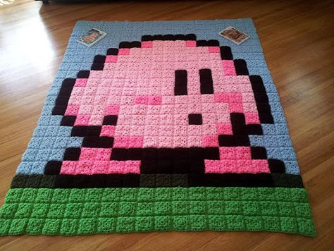 Kirby pixel crochet blanket Pixelated Crochet Blanket, Pixel Crochet Blanket Pattern, Pixel Blanket Crochet, Kirby Granny Square, Pixel Art Crochet Blankets, 8 Bit Crochet Blanket, Kirby Crochet Blanket, Kirby Crafts, Kirby Quilt