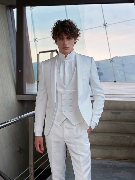 Groom's Wedding Outfits: Indian, Bengali, Maharashtrian, Casual, and More Mens All White Suit, Unique Suit Jacket Men, All White Wedding Suit Groom, White Suit Aesthetic Men, Groom Suit Unique, Men’s White Suit, White Suits For Wedding, Men’s Wedding Outfit Groom, Met Gala Outfits Ideas Men