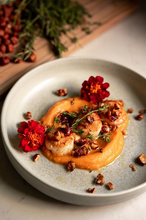 Seared Scallops with Butternut Squash and Hazelnuts — Freddie Cipoletti Scallops With Butternut Squash Puree, Butternut Squash Scallops, Butternut Squash And Scallops, Butternut Squash Puree Recipes Dinners, Butternut Squash Noodle, Fresh Scallops, Butternut Squash Puree, Cut Butternut Squash, Squash Puree