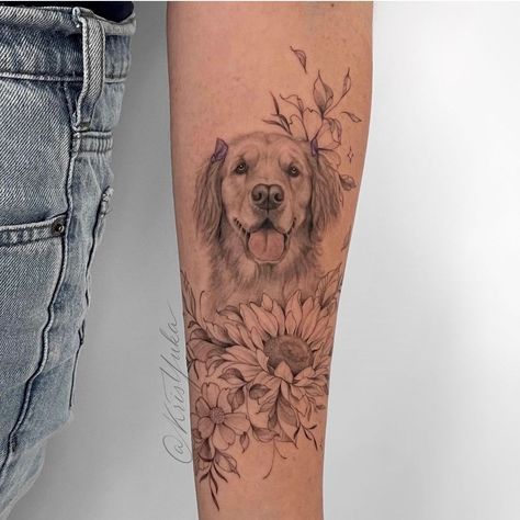 Dog Tattoo Floral, Dog Portrait Tattoo Sleeve, Dog Half Sleeve Tattoo, Dog Floral Tattoo, Mila Tattoo, Pet Portrait Tattoo, Pet Portrait Tattoos, Pet Tattoo Ideas, Portrait Tattoo Sleeve