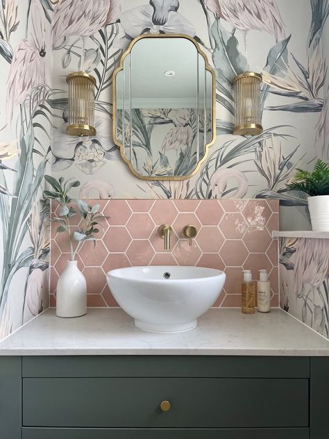 Shore Wallpaper, Pink Flamingo Wallpaper, Contemporary Wallpaper Designs, Damask Wall, Flamingo Wallpaper, Downstairs Toilet, Pastel House, Pink Tiles, Tropical Wallpaper