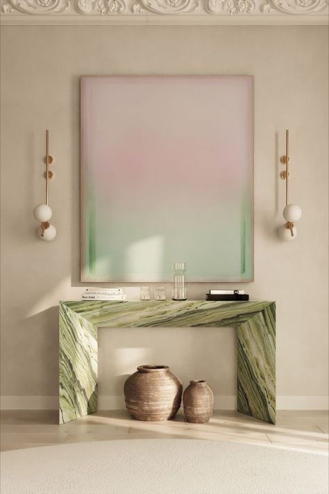 Hallway Console Table Decor, Simple Console Table, Console Table Decor, Hallway Console Table, Green Hallway, Console Table Design, Marble Console Table, Console Table Decorating, Hallway Console