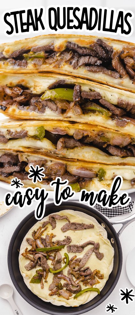 Steak quesadillas are loaded with seasoned steak, tender veggies, and lots of gooey cheese. Savory quesadillas are ready to eat in less than 30 minutes. Dessert Quesadilla Recipes, Cheese Steak Quesadillas, Dessert Quesadilla, Steak Quesadilla Recipes, Seasoned Steak, Steak Quesadillas, Steak Quesadilla, Steak And Cheese, Easy Steak