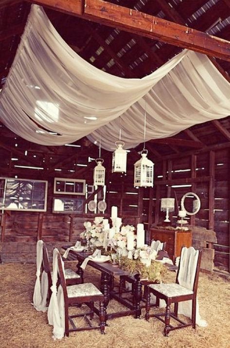 We could totes do this in my lil wooden garage shed for an engagement dinner shoot! - FC                                                                                                                                                                                 More Hay Wedding, Moss Table Runner, Rustic Chic Decor, Barn Parties, Tablescape Inspiration, Rustic Barn Wedding, Shabby Chic Wedding, Rustic Chic Wedding, Rustic Outdoor