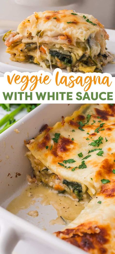 This Vegetable Lasagna with White Sauce is a cheesy, saucy way to get the family excited for veggies! Layers of lasagna noodles, plenty of tender vegetables, and a rich, creamy white sauce make this veggie lasagna a favorite! Vegetable Lasagne With White Sauce, Veggie Lasagna With White Sauce, Veg Lasagna Recipe, Vegetable Lasagna With White Sauce, Lasagna With White Sauce, White Lasagna Recipe, Veggie Lasagna Recipe, Vegetarian Lasagna Recipe, White Lasagna