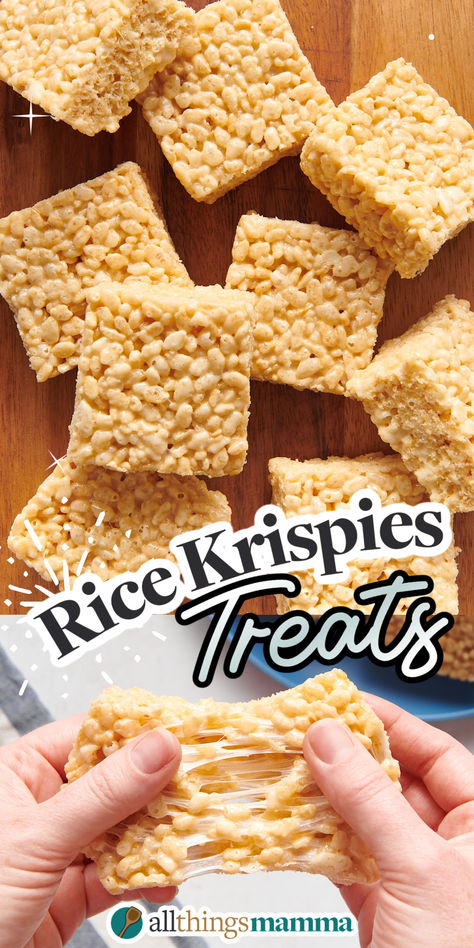 The BEST original recipe for classic Rice Krispie treats with crispy rice cereal, gooey marshmallows, and perfectly sweet!   Try our easy-to-follow 10-minute recipe and enjoy the perfect combination of chewy and crispy textures. Get ready to take a trip down memory lane with every delightful bite! Rice Krispie Meat Patties, Basic Rice Krispie Treats, Recipe For Rice Crispy Treats, Original Rice Crispy Treats Recipe, Original Rice Krispie Treats, Marshmallow Crispy Treats, Gooey Rice Crispy Treats Recipe, Original Rice Krispie Treats Recipe, Small Batch Rice Crispy Treats