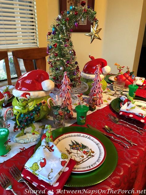 How the Grinch Stole Christmas Table Setting, Perfect for Children or the Young at Heart Grinch Theme Table Decor, Grinch Dining Table, Grinchmas Table Decor, Christmas Themed Table Decor, How The Grinch Stole Christmas Decor, Grinch Table Decorations, Grinch Tablescape, Grinch Table Setting, Grinch Home Decor