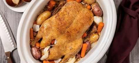 Crock Pot Duck | Maple Leaf Farms Duck Recipes Crockpot, Easy Dinner Prep, Slow Cooker Duck, Whole Duck Recipes, Wild Duck Recipes, Cooked Duck, Duck Recipe, Carrots Potatoes, Duck Breast