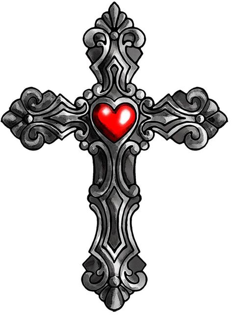 Cross with heart, color by SatiricMilk on DeviantArt Roseary Tattoo, Cross Heart Tattoos, Crucifix Tattoo, Christus Tattoo, Tatuaje Trash Polka, Cross With Heart, Cross Drawing, Skull Rose Tattoos, Celtic Cross Tattoos