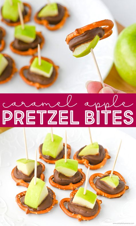 Caramel Apple Pretzel Bites | artsy-fartsy mama Apple Caramel Pretzel Bites, Pretzel Rolo Bites Apple, Thanksgiving Desserts With Pretzels, Turkey Pretzels Thanksgiving, Carmel Apple Bites With Pretzels, Thanksgiving Caramel Apples, Pretzel Caramel Bites, Caramel Apple Appetizer, Caramel Apple Pretzel Bites