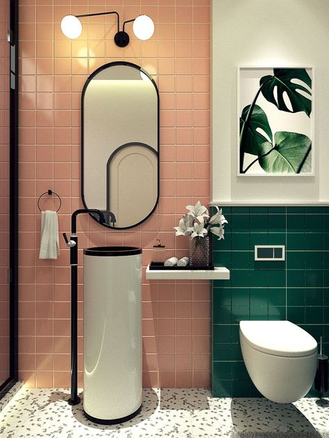 Pastel bathroom tiles, Pastel Green Tiles, Terrazo Flooring, tall sink, and Scandinavian lights. This pink bathroom idea designed by Space Composers- Architects & Interior Designers has it all. Peach And Green Bathroom, Green Bathroom Design, Green And Pink Bathroom, Terrazo Flooring, Scandinavian Lights, Pastel Bathroom, Bathroom Upstairs, Condo Bathroom, Green Tiles