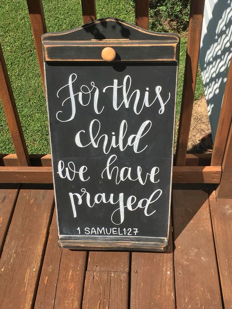 For this child, we have prayed. 1 Samuel 1:27 Chalkboard for a baby gender reveal party! Christian Gender Reveal, Christian Gender Reveal Ideas, Gender Reveal Ideas Private, Chalkboard Nursery, Baby Shower Chalkboard, Party Chalkboard, Chalkboard Baby, 1 Samuel 1 27, Gender Reveal Themes