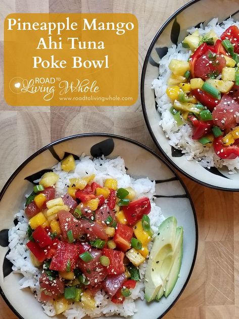 This homemade pineapple mango ahi tuna poke bowl is gluten-free, soy-free, dairy-free, and when you replace the rice with cauliflower rice, paleo. So delicious you won't need to dine out to enjoy a quality poke bowl. Ahi Tuna Poke Bowl, Cauliflower Rice Paleo, Tuna Poke Bowl Recipe, Ahi Tuna Poke, Paleo Seafood Recipes, Tuna Poke Bowl, Poke Bowl Recipe, 2023 Food, Tuna Poke