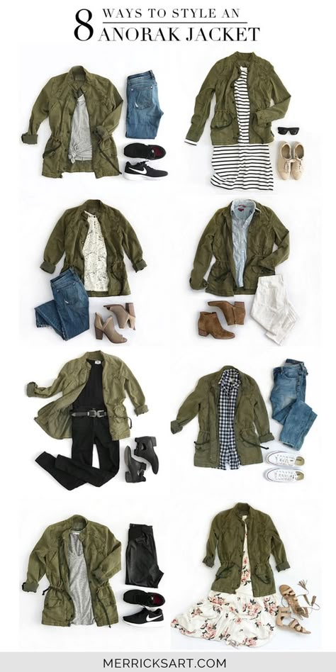 Merrick's Art // Style + Sewing for the Everyday Girl :  8 Ways to Style an Olive Jacket Olive Green Jacket Outfits, Green Jacket Outfit, Olive Jacket, Olive Green Jacket, Army Jacket, Mode Casual, Outfit Jeans, Fashion Capsule, Hottest Fashion Trends