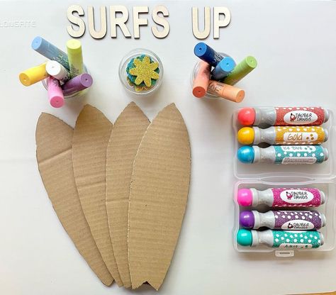 Melody | Playing Creating Educating | Surfs Up! 🏄‍♀️ 🏄‍♂️ Summer is in full swing so that means lots of easy, low prep activities! I set up this surfboard craft for my boys t… | Instagram Surfboard Crafts For Kids, Finger Surfboard Diy, Diy Surf Board, Surfboard Craft, Cardboard Craft Ideas, Paint Sticks, Surfboard Shapes, Prep Activities, Pj Party