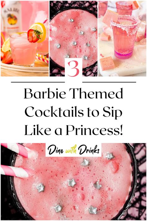 Collage of 4 barbie themed cocktails. Barbie Birthday Party Ideas For Women, Barbie Themed Food And Drinks, Barbie Movie Food Recipes, Barbie Party Drinks, Barbie Party Ideas For Adults, Barbiecore Birthday Party, Barbie Themed Alcoholic Drinks, Barbie Inspired Drinks, Barbie Themed Drinks