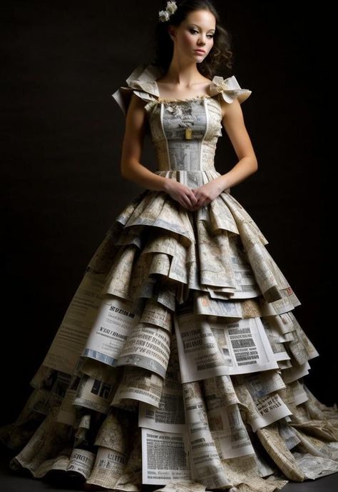 Paper Outfits Fashion, Book Page Dress, Recycled Outfit Ideas For School, Recycled Costumes Fashion Show, Newspaper Fashion Design, Dress Made Of Recycled Materials, Newspaper Dress Fashion, Recycled Dress Ideas Creative, Newspaper Dress Diy