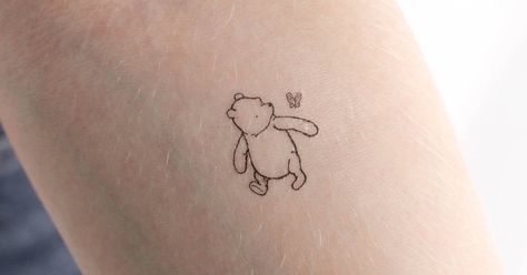 Winnie The Pooh Butterfly Tattoo, Classic Pooh Tattoo, Classic Winnie The Pooh Tattoo, Pooh Bear Tattoo, Baby Bear Tattoo, Bear And Butterfly, Cartoon Line Art, Winnie The Pooh Tattoo, Pooh Tattoo