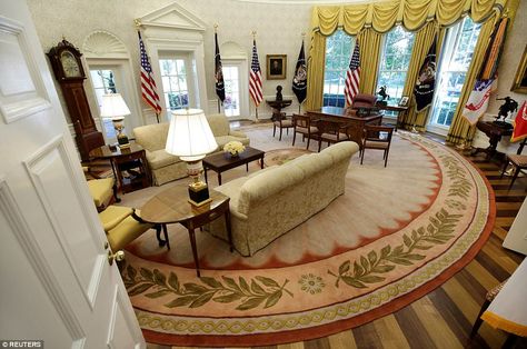 Back in action: The Oval Office was open for business once more. All of the furniture had been removed for the renovation, which had involved - in part - replacing the building's ailing HVAC system White House Interior, Inside The White House, Gold Drapes, House Redesign, Oval Office, The White House, White Houses, New Wallpaper, Office Design