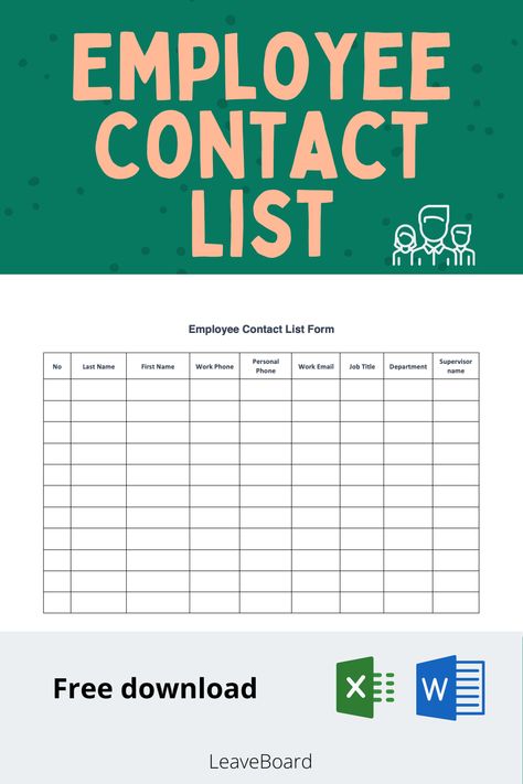 Free Download for the Employee Directory and Contact List Form Template, Sample & Example in Microsoft Word (DOC), and Microsoft Excel (XLS). Available in A4 & US Letter Sizes. Quickly Customize. Easily Editable & Printable. Human Resources Templates Free Printable, Staff Directory, Business Notebooks, Employee Handbook, Number Templates, Fractions Worksheets, Mother Day Wishes, Contact List, Tax Season