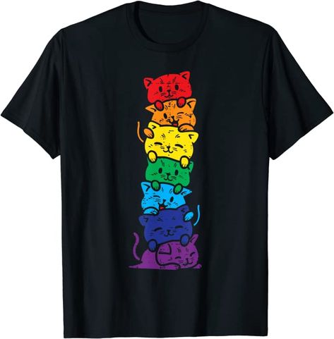 Black t-shirt featuring cartoon image of 7 cats stacked on top of each other, each one a different color of the rainbow. Inspiring Shirts, Christmas Gifts Girlfriend, Lgbtq Support, Girlfriend Birthday Gifts, Pride Products, Pride Fashion, Lgbtq Ally, Gay Pride Gifts, Gifts Girlfriend