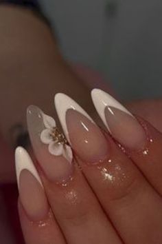 Almond Nails Designs 3d Flowers, Medium Nail Designs Almond, 3d Flower Nails Almond Shape, Almond Inspo Nails, Almond Simple Nail Designs, Sharp Almond Nails Design, Acrylic Nails With 3d Design, Almond Nails Designs Flowers, Acrylic Nail Designs For Summer Almond