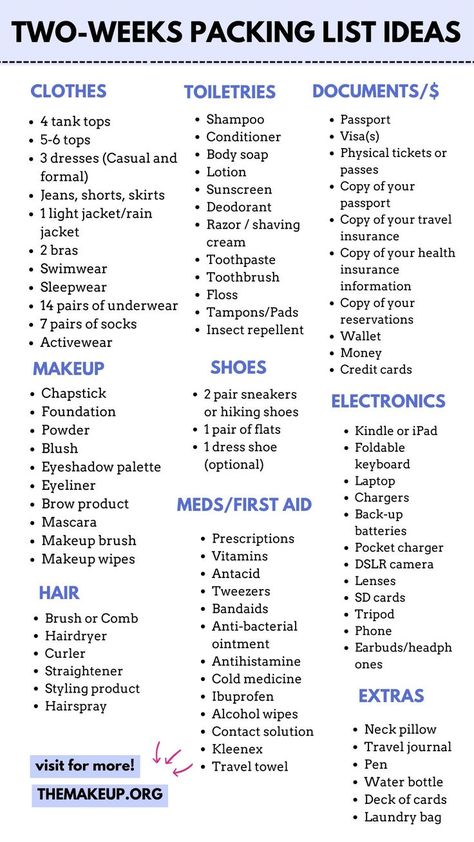 Travel Packing List: Your Ultimate Two Weeks Packing list For Peace Of Mind! Two Week Holiday Packing List, Holiday Packing List 10 Days, Travel Essentials 2 Weeks, What To Pack For A 3 Week Vacation, 3 Week Holiday Packing List, The Ultimate Packing List, Holiday Packing Checklist, How To Pack For A 2 Week Trip, 7 Day Road Trip Packing List