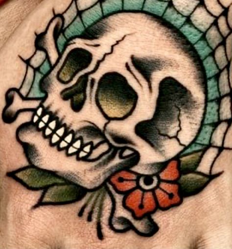 Sailor Jerry Skull Tattoo, Skull Traditional Tattoo Design, Classic Skull Tattoo, Traditional Skull And Crossbones Tattoo, Skull Tattoos Traditional, Traditional Skull Tattoo Old School, Old School Skull Tattoo Design, Trad Skull Tattoo, Skull American Traditional Tattoo