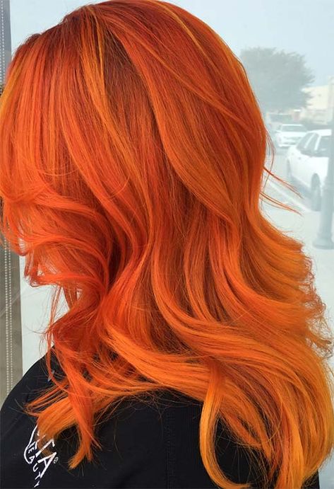 59 Fiery Orange Hair Color Shades: Orange Hair Dyeing Tips - Glowsly Orange Hair Color Ideas, Bright Orange Hair, Orange Hair Color, Orange Hair Dye, Pink Hair Highlights, Red Orange Hair, Cheveux Oranges, Yellow Hair Color, Vivid Hair