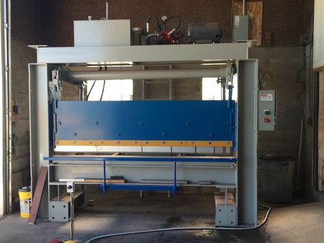 Homemade 8' hydraulic press brake with a power adjust back gauge . 20 Hp electric motor and pump on top. Hydraulic Press Brake, Metal Shaping, Welding Cart, Metal Fabrication Tools, Press Brake, Metal Bending Tools, Hydraulic Press, Fabrication Tools, Metal Bending