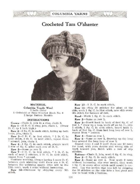 tam o'shanter 1918 free pattern//top down//Scribd is the world's largest social reading and publishing site. Historical Crochet, Victorian Knitting, Edwardian Crochet, Historical Knitting, 1920s Patterns, Tam O Shanter, Tam O' Shanter, Vintage Crochet Patterns, Vintage Knitwear