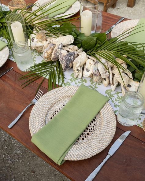 Nothing says a rustic, waterfront reception quite like the details of this tablescape. We used oyster shells and natural greenery to embrace the essence of the space and provide a balance of both class and fun. 🌱 #tablescape #eventplanner #weddingflorals #southernwedding Oyster Roast, Farmhouse Wedding, Coastal Wedding, Oyster Shells, Long Table, Wedding Table Settings, Wedding Tablescapes, Southern Wedding, Design Wedding