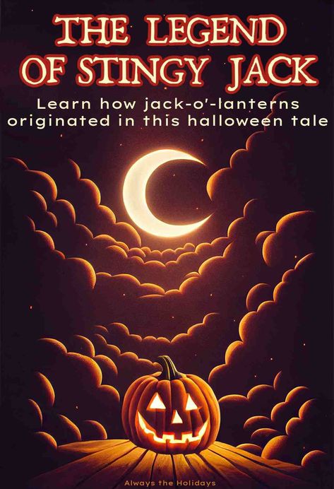 In The Legend of Stingy Jack, one man outsmarts the devil and ends up becoming a central figure in the jack o lantern origin. Learn the story on Always the Holidays! #StingyJack #JackOLantern Jack O Lantern History, Stingy Jack, Cat Pumpkin Carving, Tales Of Halloween, Will O The Wisp, Halloween Themed Food, Creative Pumpkin Carving, Spooky Food, Jack O Lanterns