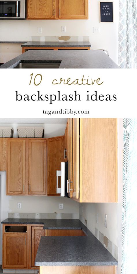 10 unique backsplash ideas for the kitchen--from sharpies to brass to wood paneling. These are inspiring! Creative Backsplash Ideas, Unique Backsplash Ideas, Unique Kitchen Backsplash Ideas, Faux Brick Backsplash, Creative Backsplash, Decorating Above Kitchen Cabinets, Unique Kitchen Backsplash, Farmhouse Backsplash, Above Kitchen Cabinets