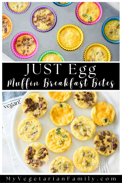 JUST Egg Muffin Breakfast Bites | My Vegetarian Family Just Egg Muffins, Just Egg Muffins Vegan, Vegan Egg Bites Muffin Tins, Dairy Free Egg Bites, Vegan Egg Bites, Vegan Breakfast Pizza, Veg Keto, Mini Muffin Tin Recipes, Muffin Breakfast