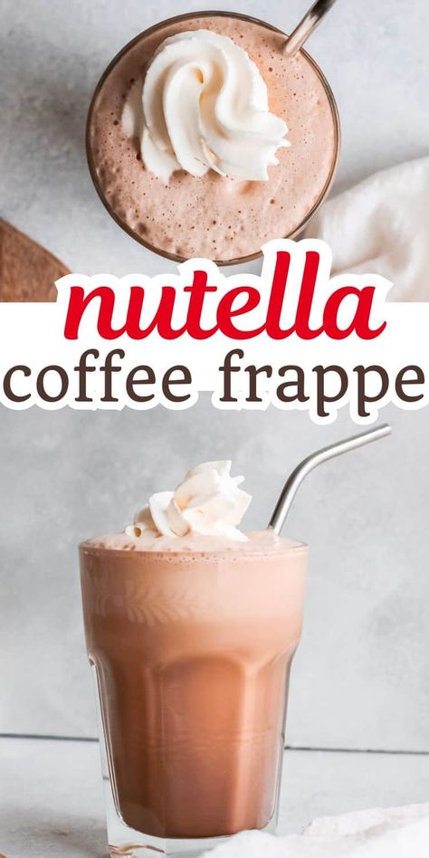 If you love Nutella in coffee, try this easy Nutella frappe recipe. A refreshing cold coffee drink with a delicious chocolatey flavor, it's way better than a Starbucks nutella frappuccino | Homemade Nutella coffee frappe | Mocha coffee drinks Nutella Coffee Drink, Simple Frappe Recipe, Nutella Drink Recipes, Coffee Frappe Recipe Homemade, Nutella Frappe Recipe, Nutella Coffee Recipes, Nutella Cappuccino, Drinks Without Coffee, Nutella Frappuccino