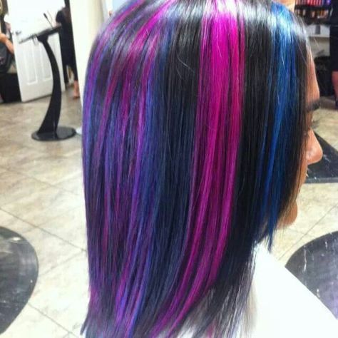 I have all these colors but it doesn't look like this lol Blue And Pink Highlights, Pink And Purple Highlights On Black Hair, Twighlight Sparkle Hair, Black Hair With Blue And Purple Streaks, Hot Pink Chunky Highlights In Black Hair, Pink Purple Blue Hair Streaks, Blue Purple Pink Hair Peekaboo Highlights, Pink And Black Hair, Skunk Hair