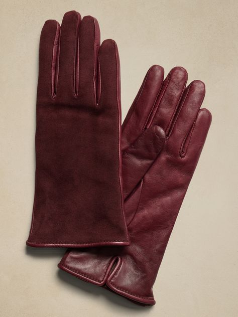 Mary Leather & Suede Gloves | Gianni | Banana Republic Wine Red Accessories, Vintage Leather Gloves, Fall Accessories 2024, Burgundy Gloves, Cool Gloves, Womens Leather Gloves, Burgundy Accessories, Gloves Aesthetic, Suede Gloves