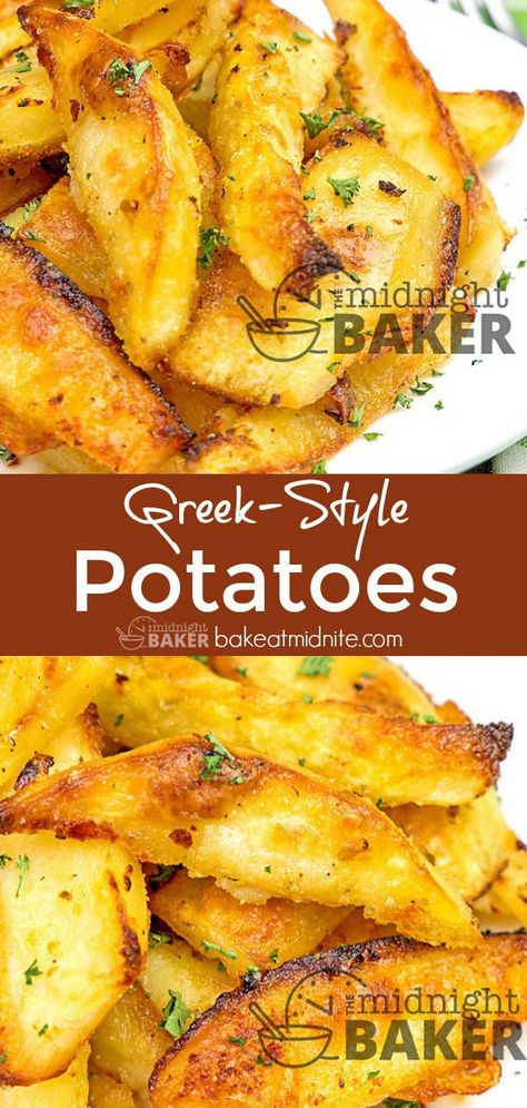 Greek-Style Potatoes - The Midnight Baker #potatoes #sidedishes #recipes Vegan Potato Meals Dinners, Mediterranean Recipes Potatoes, Mediterranean Diet Recipes Potatoes, Mediterranean Potatoes Recipes, Greek Food Sides, Potatoes Vegan Recipes, Vegan Greek Potatoes, Best Greek Potatoes, Meterranian Recipes